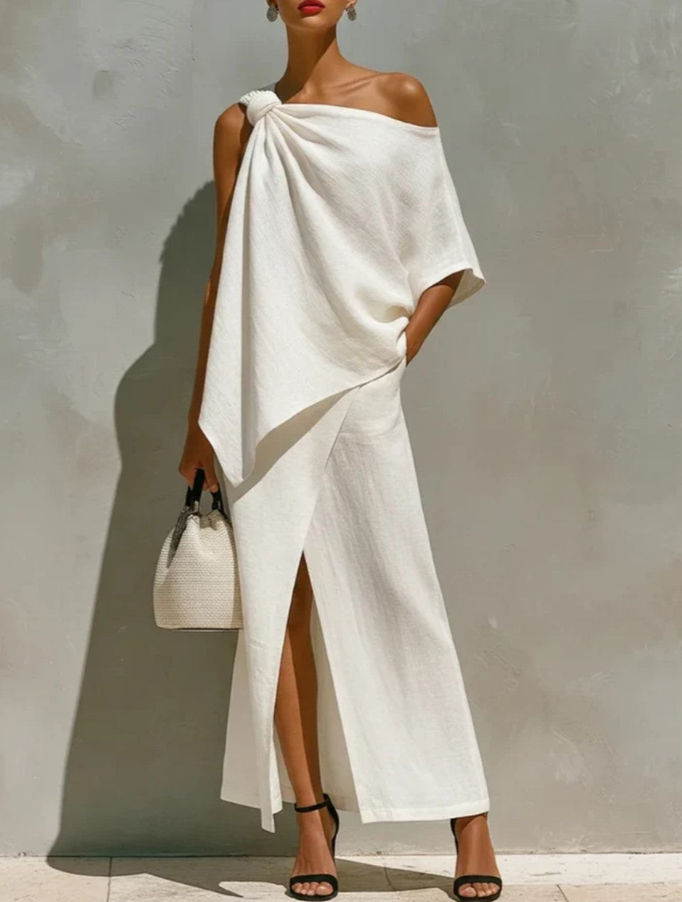 Completo a due pezzi con top bianco asimmetrico con spalla scoperta, dettaglio drappeggiato, taglio irregolare e spacchi, e abito lungo a gamba larga