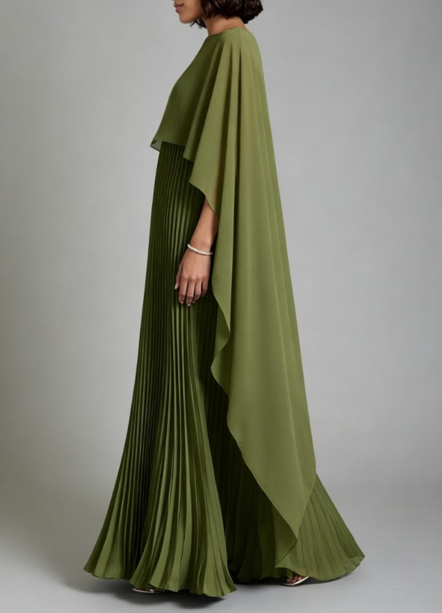 Maxivestido plisado con blusa tipo chal verde oliva