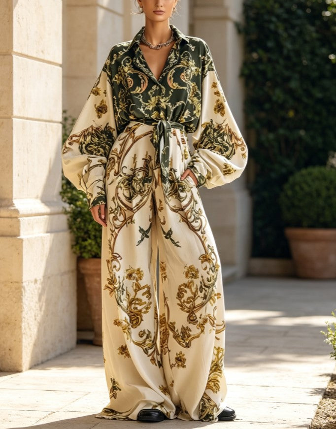 Completo vintage con camicia con cintura a stampa barocca e pantaloni a gamba larga