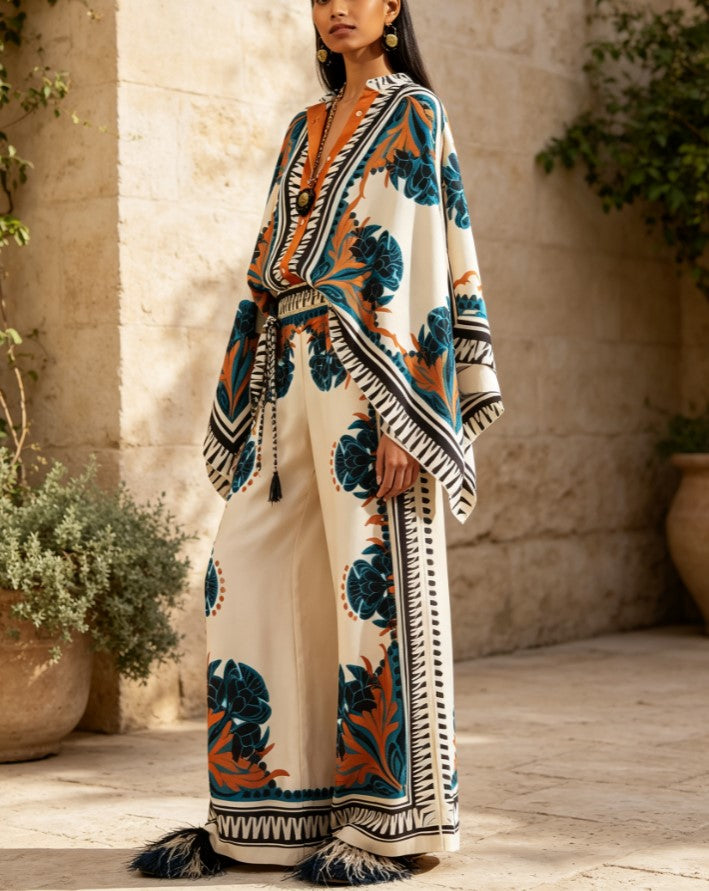 Completo due pezzi con top a mantella a V con stampa floreale esotica e pantaloni a gamba larga