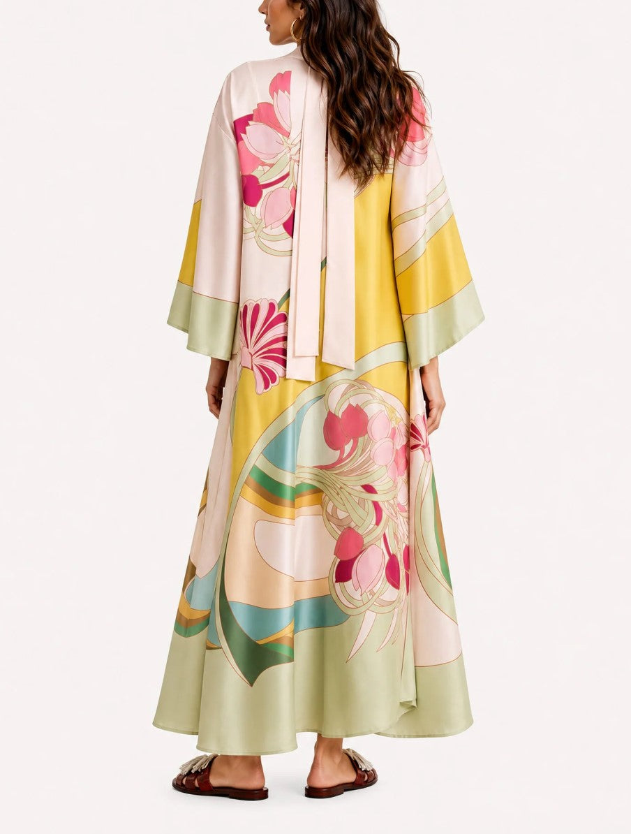 Colorful Art Print V Neck Tie Bell Sleeve Satin Maxi Dress