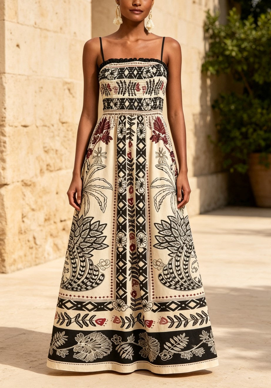 Cream Boho Ethnic Print Spaghetti Strap Smocked Waist Flared Maxi Dress