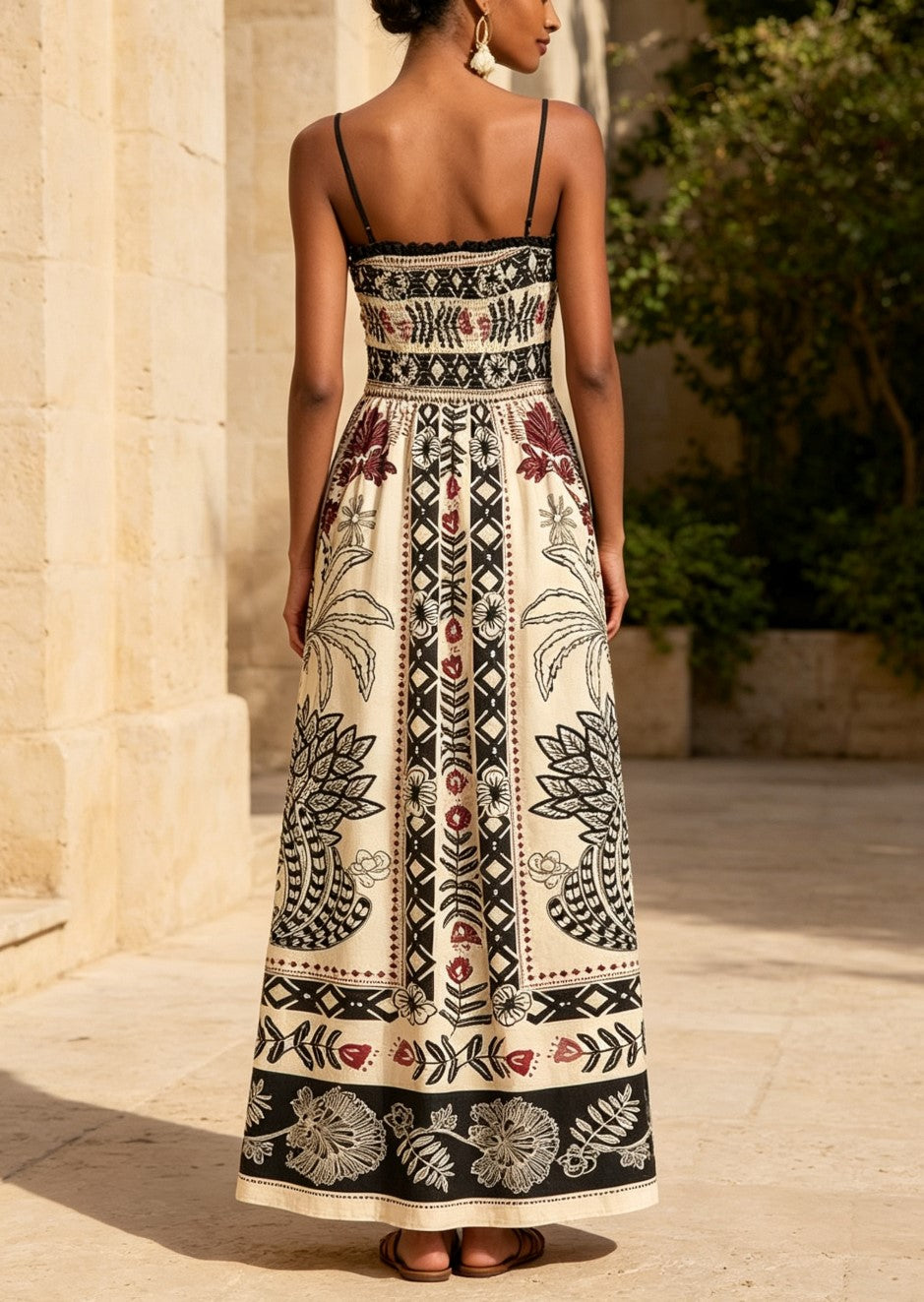 Abito lungo svasato color crema in stile boho con stampa etnica, spalline sottili e vita arricciata