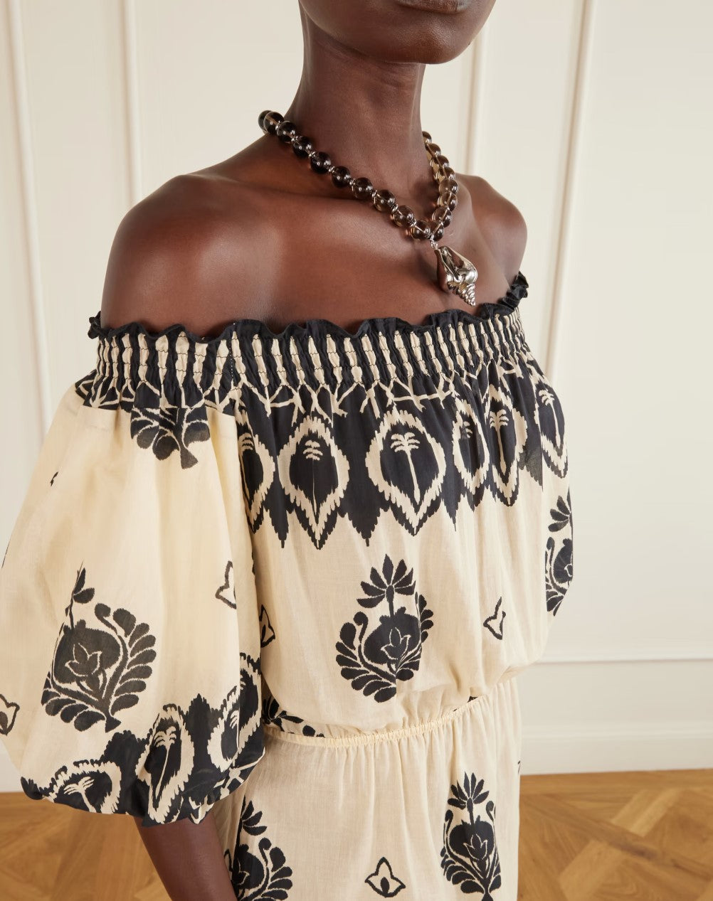 Cream Ethnic Print Off Shoulder Puff Sleeve Waist Slit Midi Dress