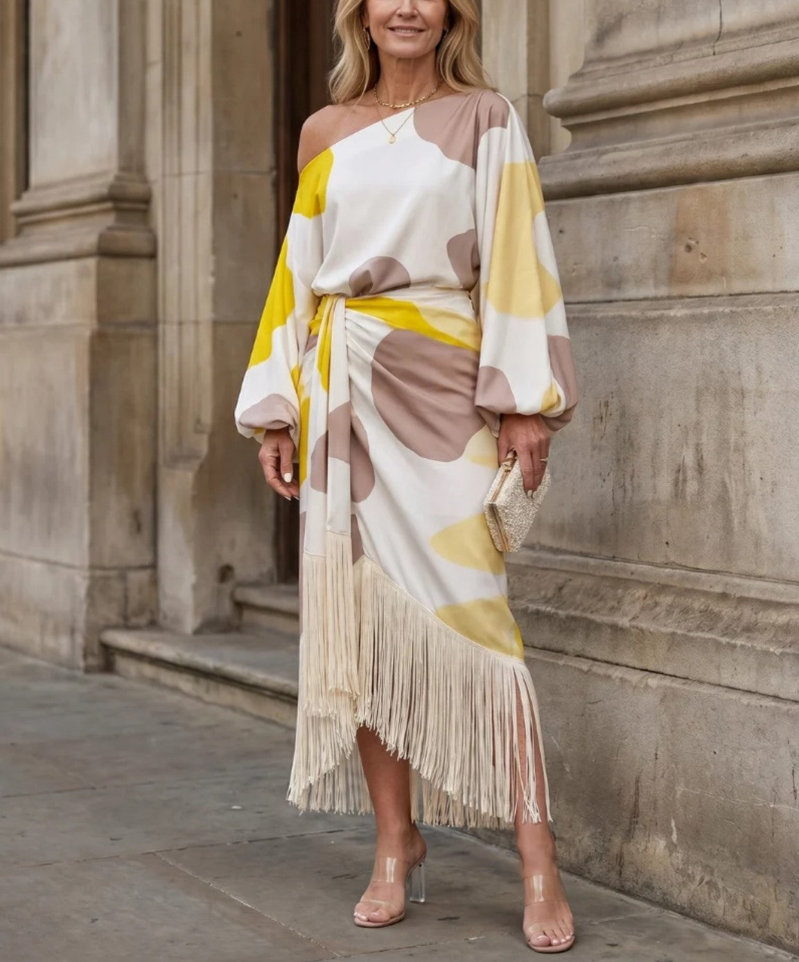 One Shoulder Lantern Sleeve Printed Tie Waist Fringe Midi Dress