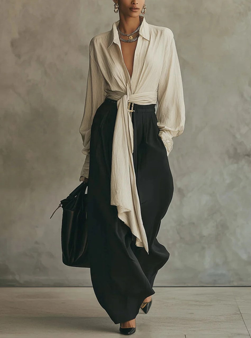 Collared Twist Tie Shirt High Waist Wide Leg Pants Two Piece Set