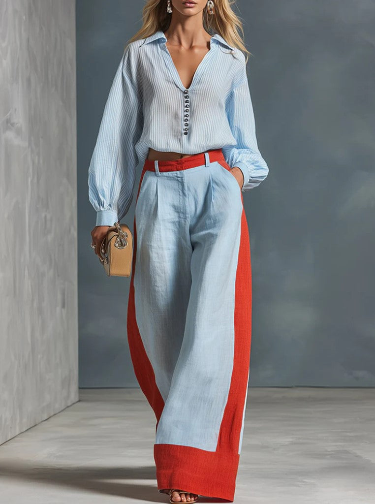Striped Collar Half Placket Shirt Color Block Wide Leg Pants Two Piece Set