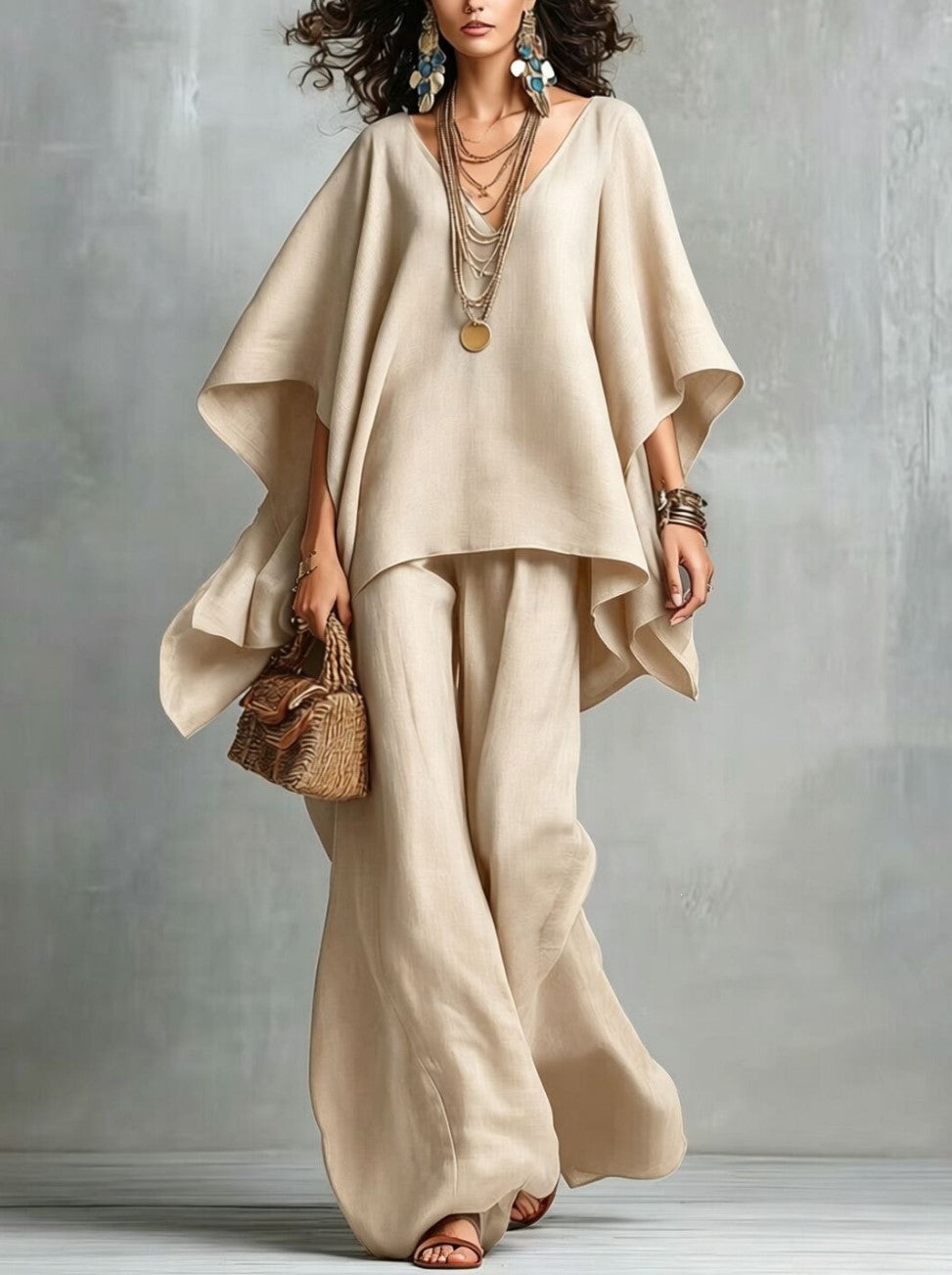 V Neck Loose Cape Top Wide Leg Trousers Two Piece Set