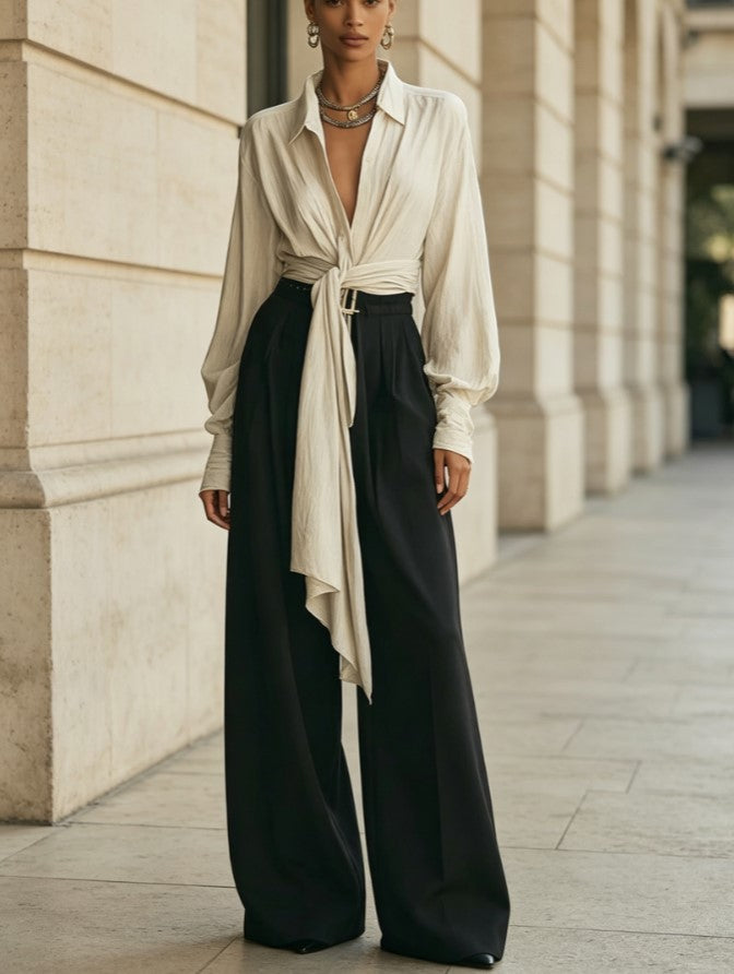 Collared Twist Tie Shirt High Waist Wide Leg Pants Two Piece Set