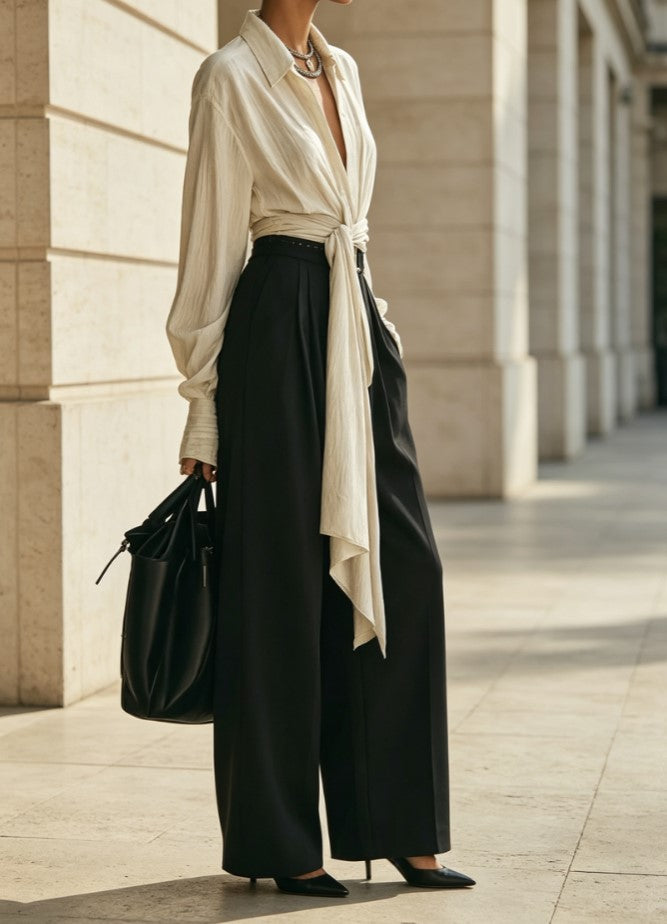 Ensemble deux pièces avec chemise à col, lien torsadé et pantalon large taille haute