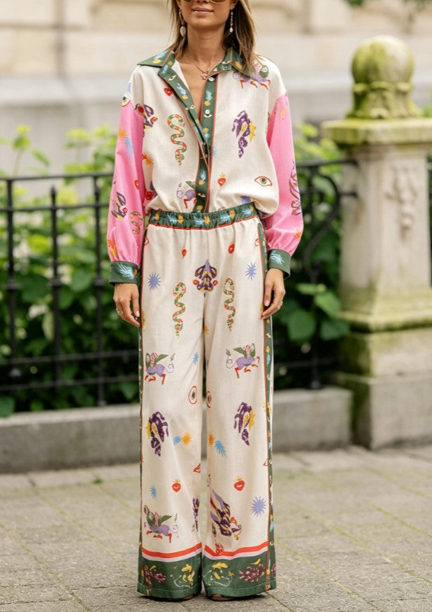 Completo a due pezzi con colletto a contrasto, stampa vintage, maniche lunghe e pantaloni jogger