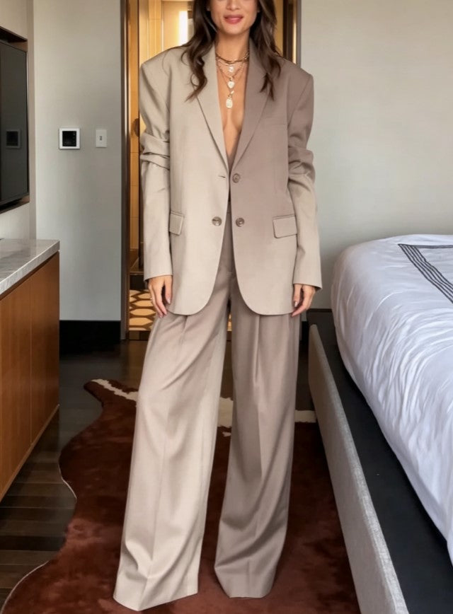Oversized Lapel Blazer High Waist Wide Leg Suit Pants Two Piece Set