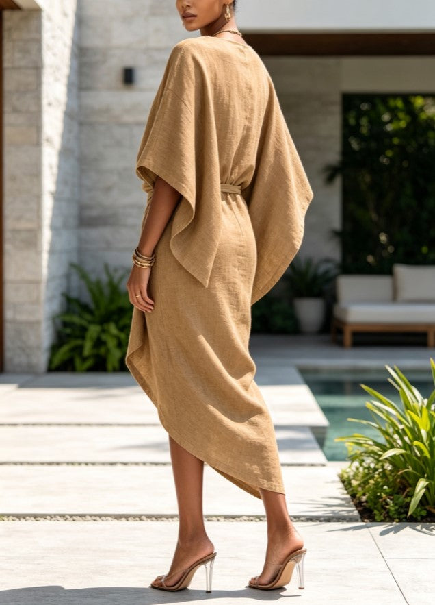 Boat Neck Batwing Sleeve Irregular Wrap Midi Dress
