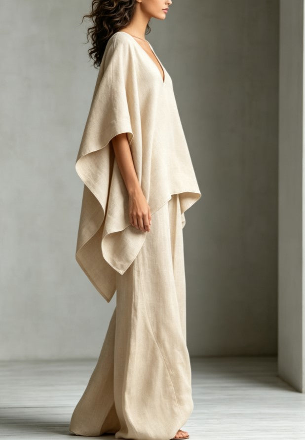 V Neck Loose Cape Top Wide Leg Trousers Two Piece Set
