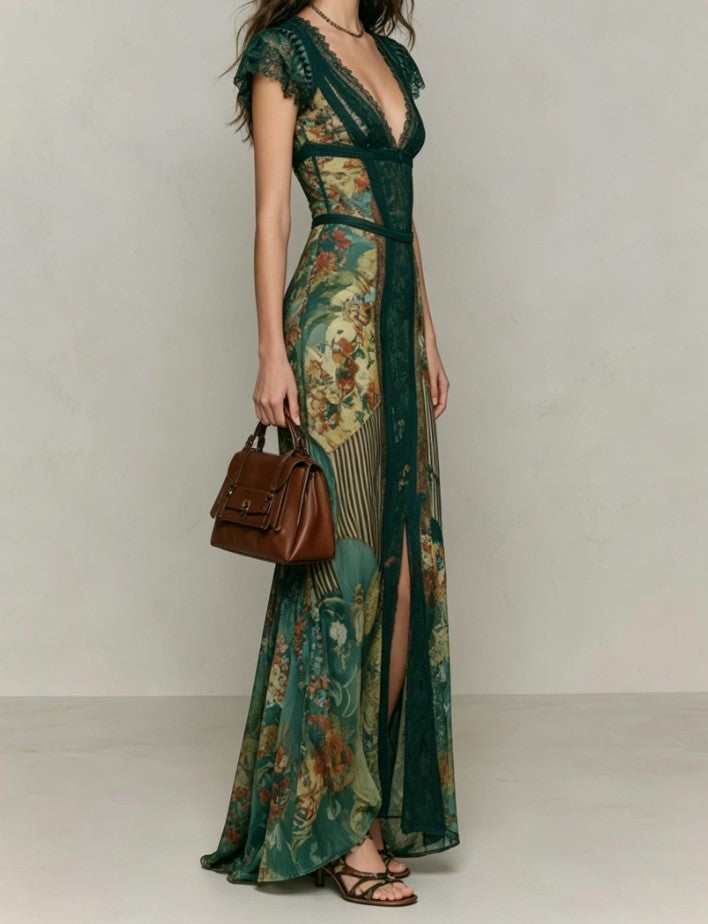 Abito lungo con scollo a V, inserti in pizzo, maniche corte, stampa vintage e spacco