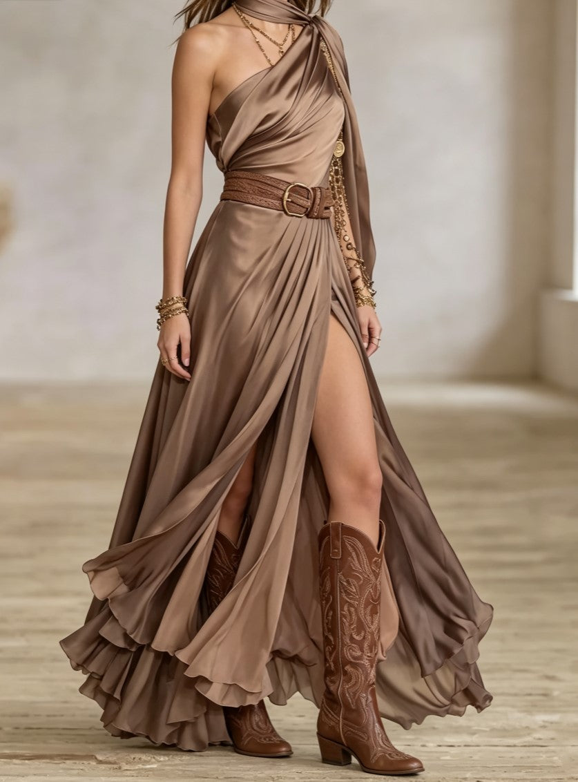 One Shoulder Draped High Slit Satin Maxi Dress