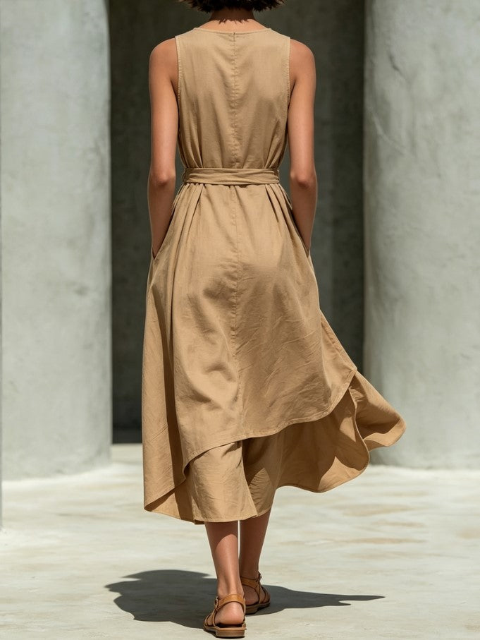 Sleeveless Belted Layered Midi Jumpsuit Dress