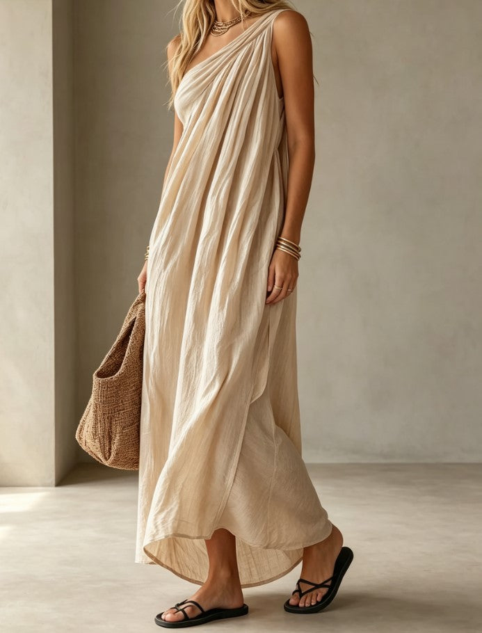 One Shoulder Ruched Loose Textured Maxi Dress