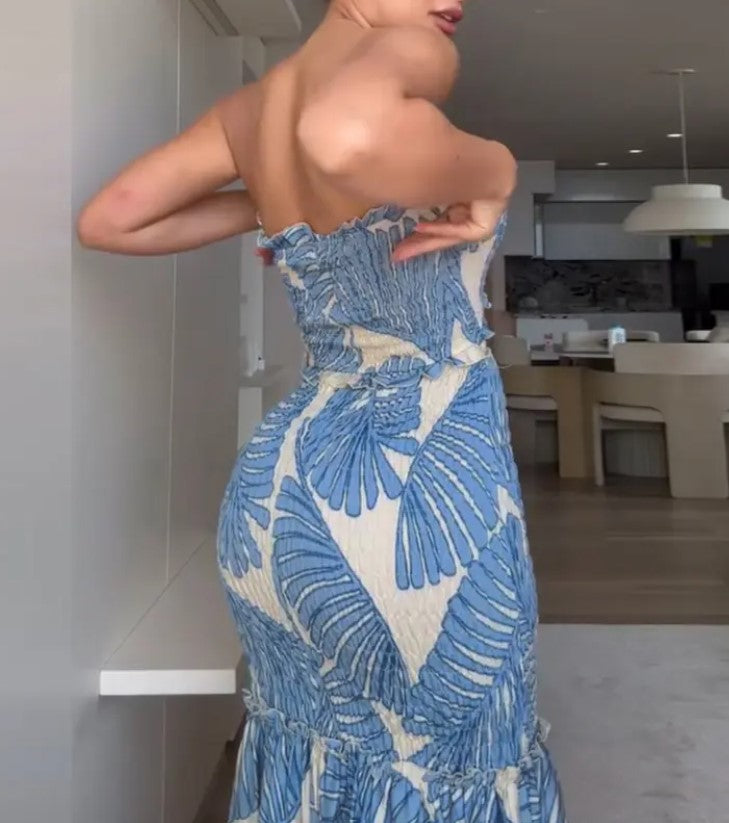 Conjunto de falda larga con estampado floral, sin tirantes, cordón ajustable y aberturas