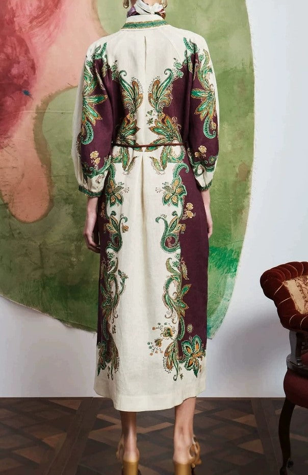 Abito chemisier midi vintage a fiori con colletto, cintura e maniche a 3/4, stile bohémien
