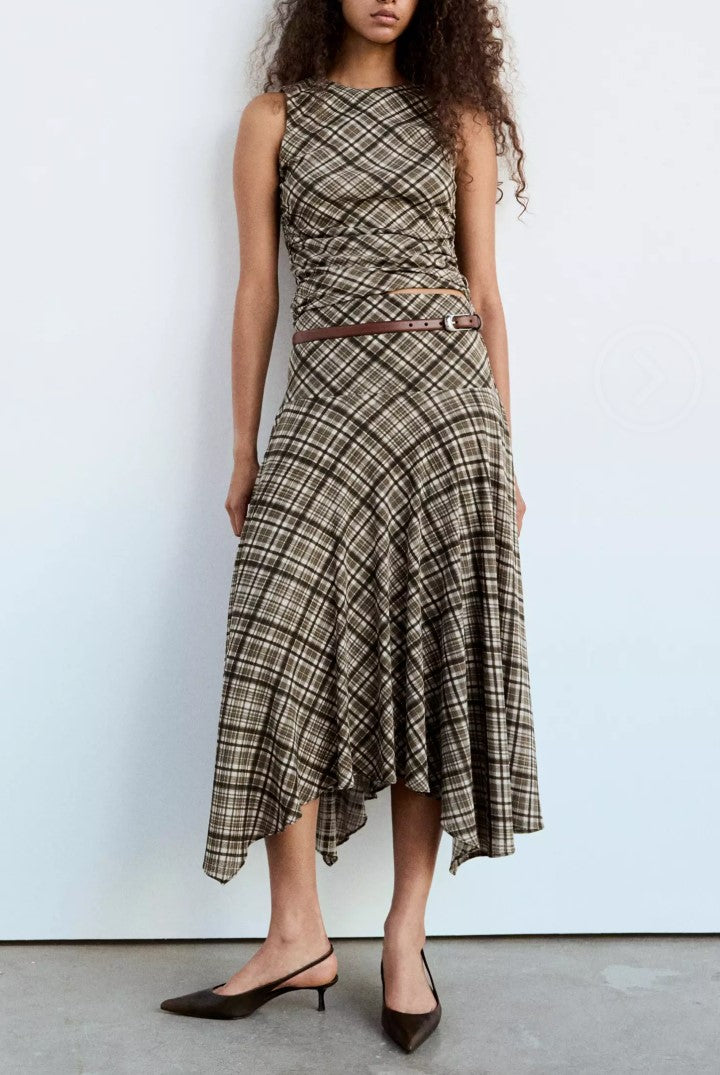 Plaid Sleeveless Top & Asymmetrical Midi Skirt Set Women Belted Two‑Piece Outfit