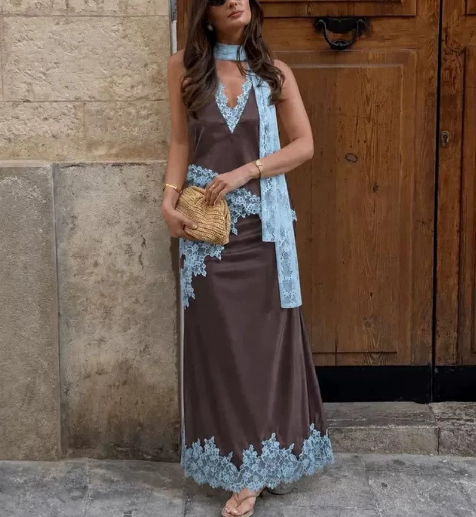 Lace Trim Satin Halter Two‑Piece Set Women Sleeveless Tank Top & Maxi Skirt Outfit With Scarf