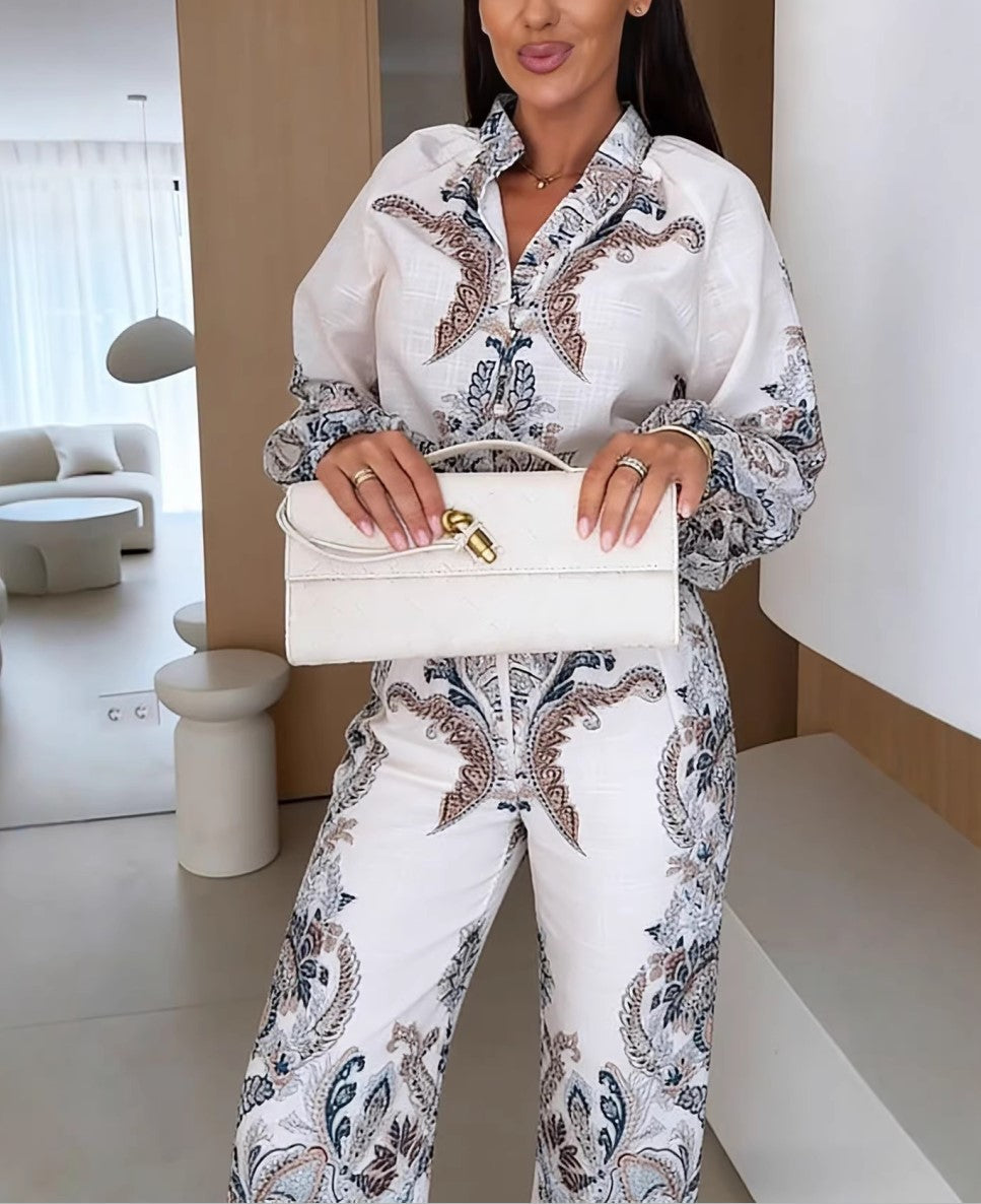 Paisley Print Balloon Sleeve Blouse & Wide Leg Pants Set Women Belted Two‑Piece Outfit