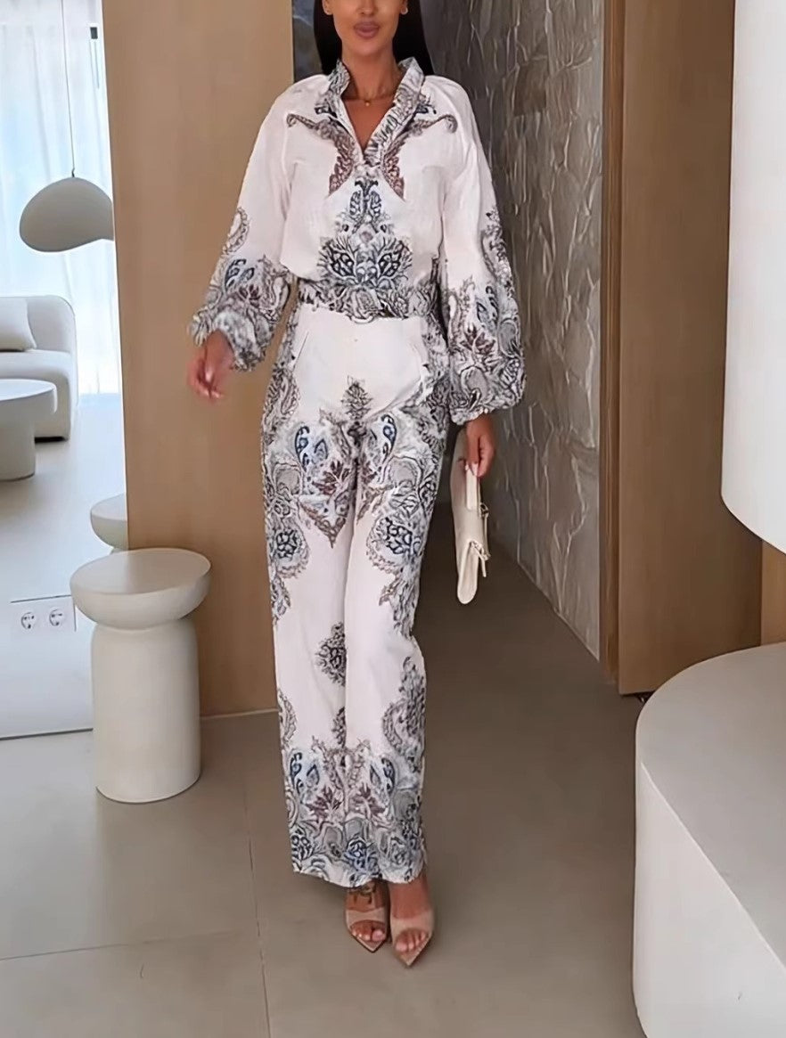 Paisley Print Balloon Sleeve Blouse & Wide Leg Pants Set Women Belted Two‑Piece Outfit