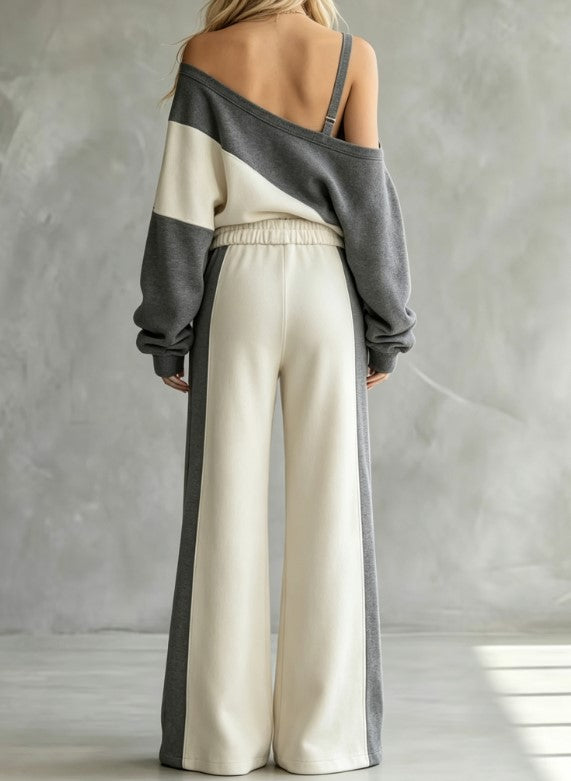 Conjunto casual de duas peças para mulher, com sweatshirt e calças de perna larga em blocos de cor