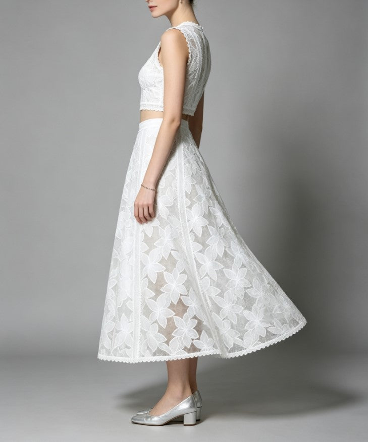 Floral Lace Sleeveless Crop Top & Midi Skirt Two‑Piece Formal Outfit