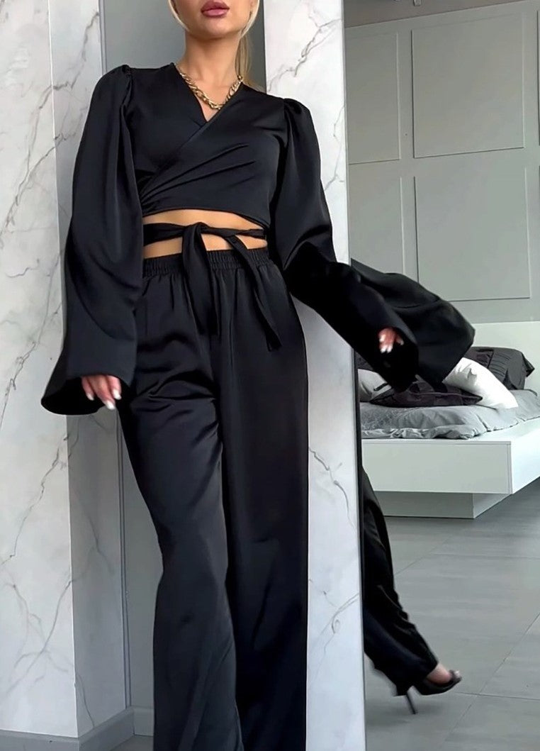 Black Wrap Tie‑Back Crop Top & Wide Leg Pants Two‑Piece Set
