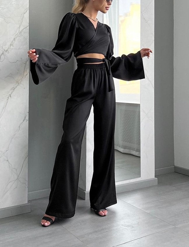 Black Wrap Tie‑Back Crop Top & Wide Leg Pants Two‑Piece Set