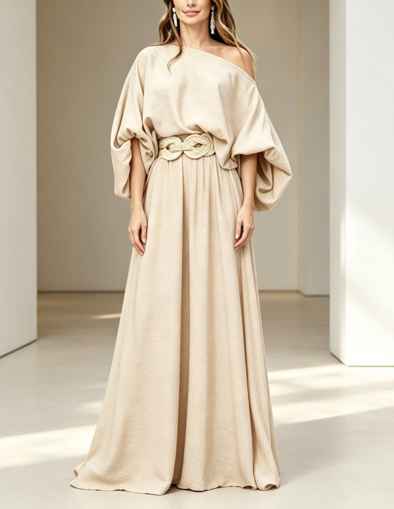 Beige Off‑Shoulder Balloon Sleeve Maxi Dress With Decorative Waist Belt