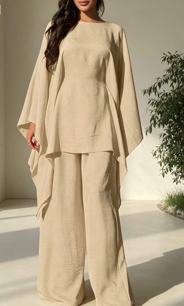 Loose Cape Sleeve Tunic Top & Wide Leg Pants Two‑Piece Set
