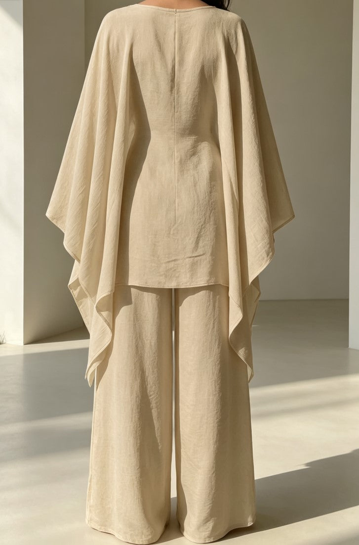 Loose Cape Sleeve Tunic Top & Wide Leg Pants Two‑Piece Set