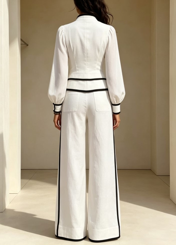 Black Trim White Linen Two Piece Set, Puff Sleeve Blazer Top & Wide Leg Pants Outfit
