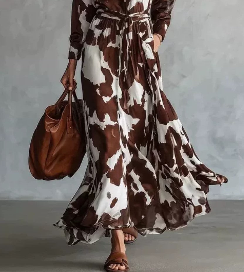 Robe chemise longue à imprimé vache, manches longues, ceinturée et fluide