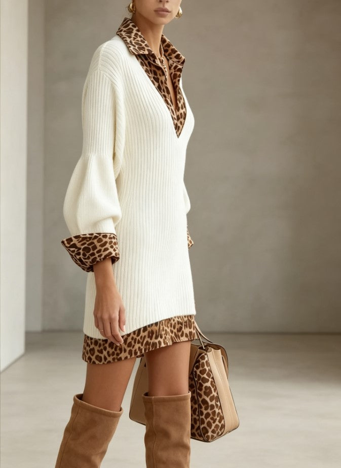 Faux Two‑Piece Leopard Collar Ribbed Knit Long Sleeve Mini Sweater Dress
