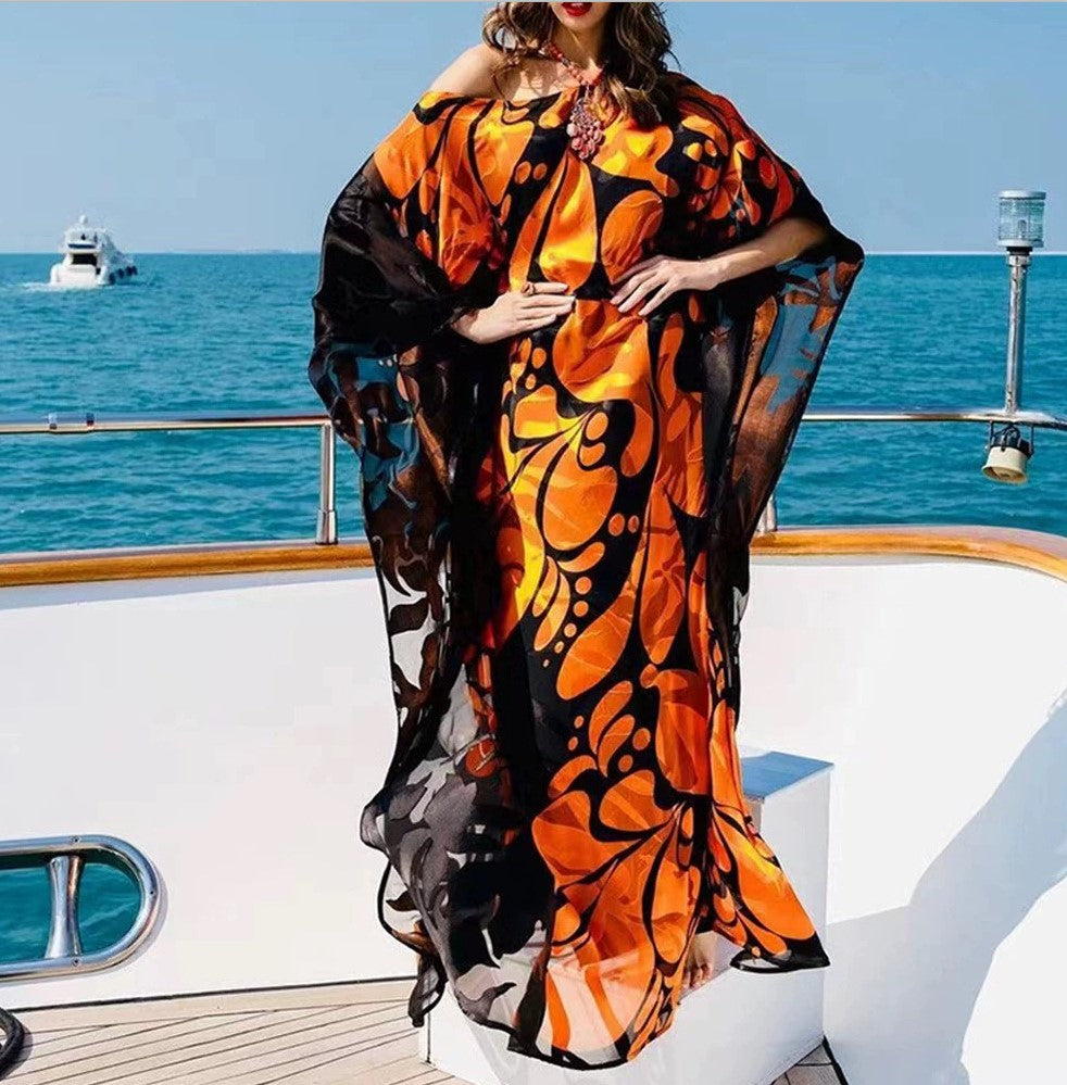 Off Shoulder Batwing Sleeve Floral Print Maxi Kaftan Dress Beach Cover‑Up for Vacation