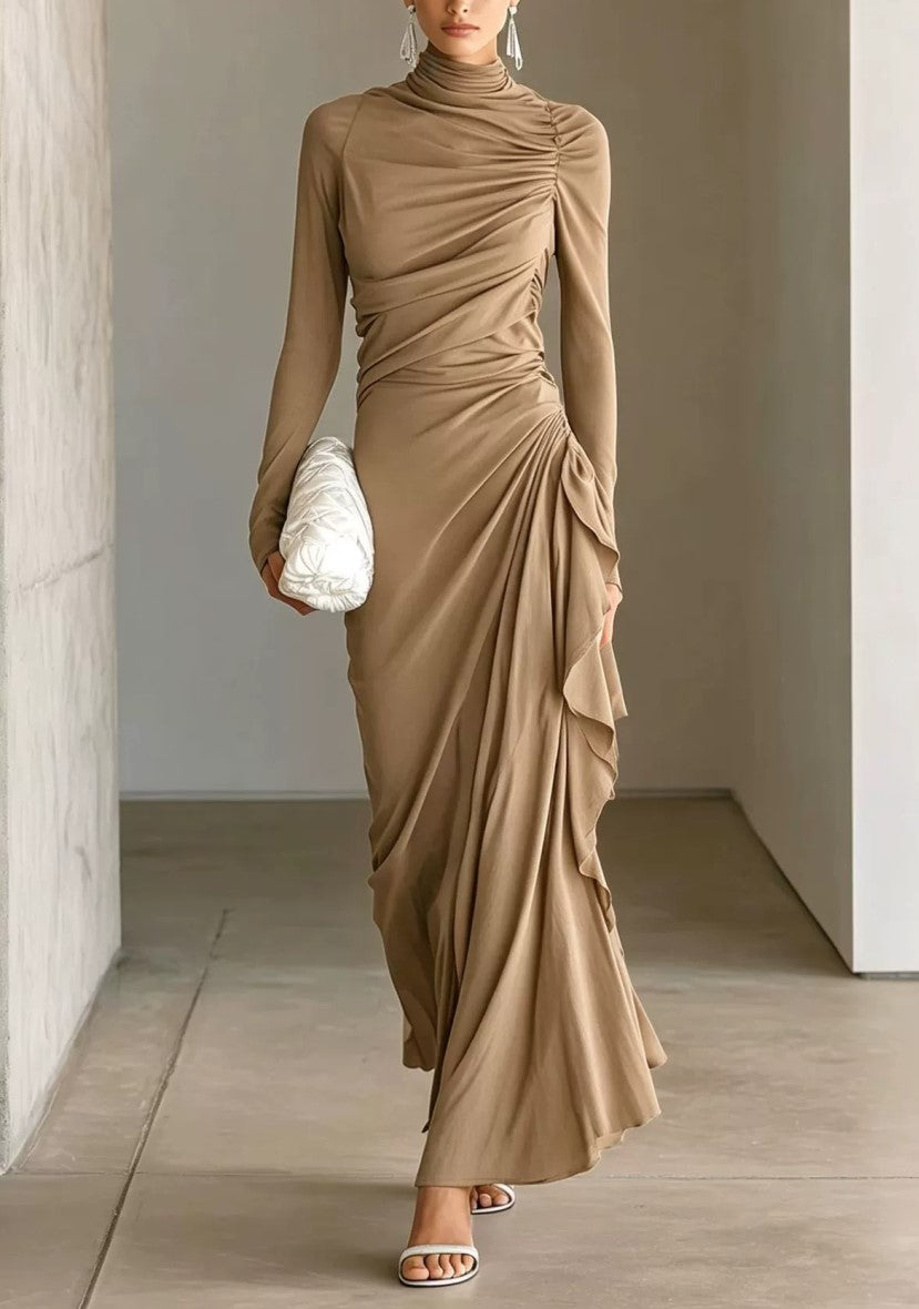 Turtleneck Long Sleeve Ruched Draped Maxi Dress Elegant Formal Evening Party Dress