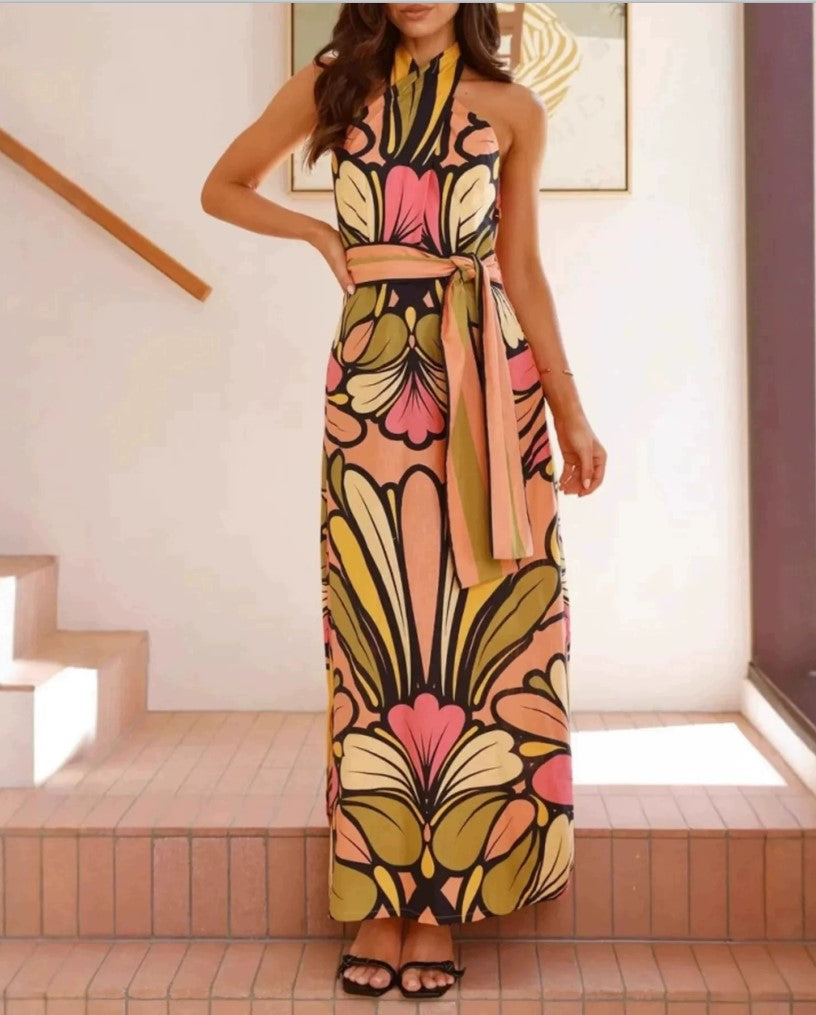 Halter Neck Floral Print Maxi Dress Sash Tie Waist Summer Vacation Maxi Dress