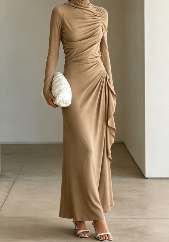 Turtleneck Long Sleeve Ruched Draped Maxi Dress Elegant Formal Evening Party Dress