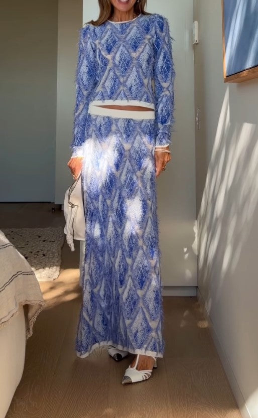Blue White Textured Fringe 2 Piece Outfit Long Sleeve Top & Maxi Skirt Matching Set
