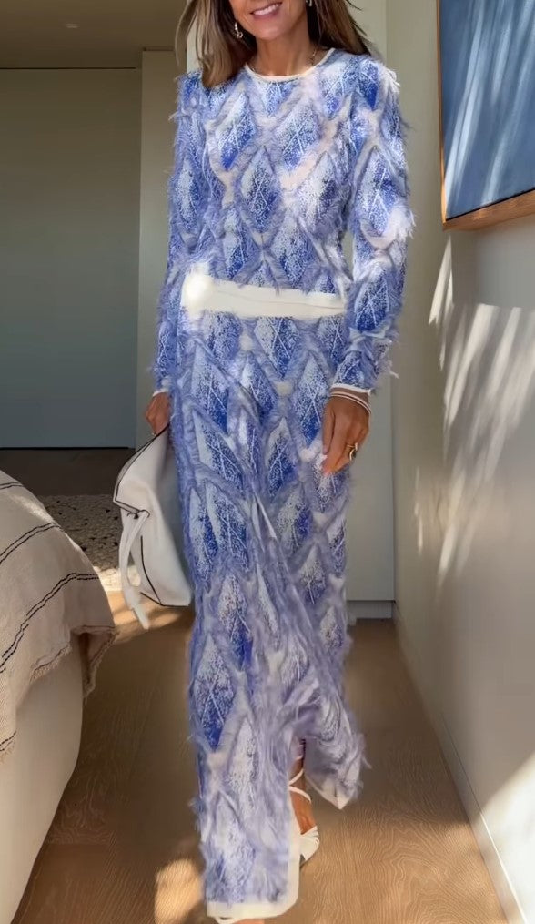 Blue White Textured Fringe 2 Piece Outfit Long Sleeve Top & Maxi Skirt Matching Set