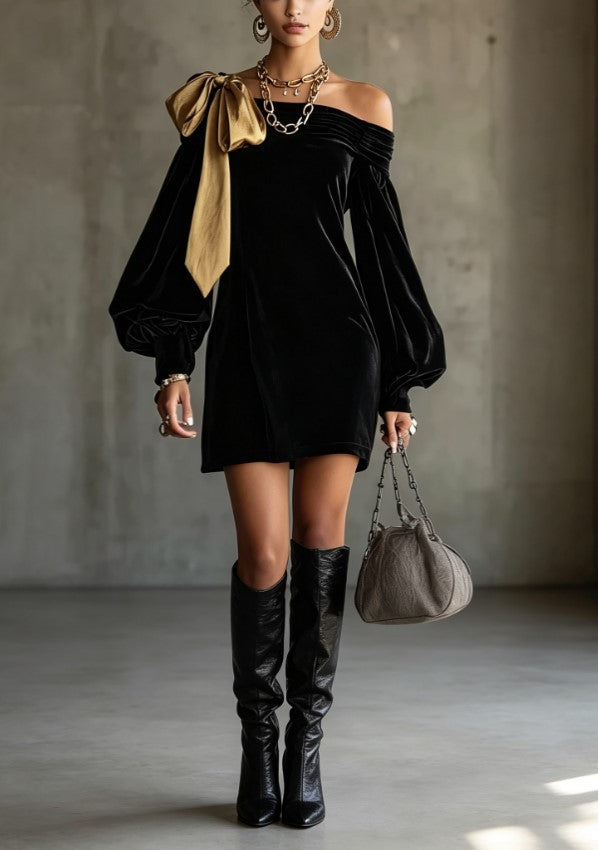 Black Velvet Off‑Shoulder Mini Dress Lantern Long Sleeve Contrast Gold Bow Party Dress
