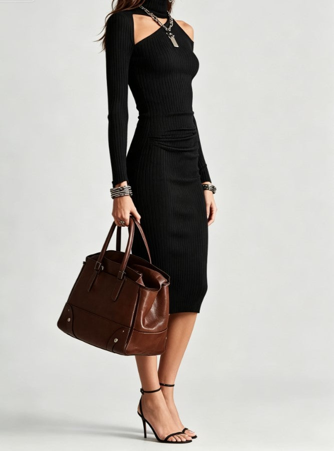 Black Ribbed Turtleneck Midi Dress Cold Shoulder Long Sleeve Bodycon Pencil Dress