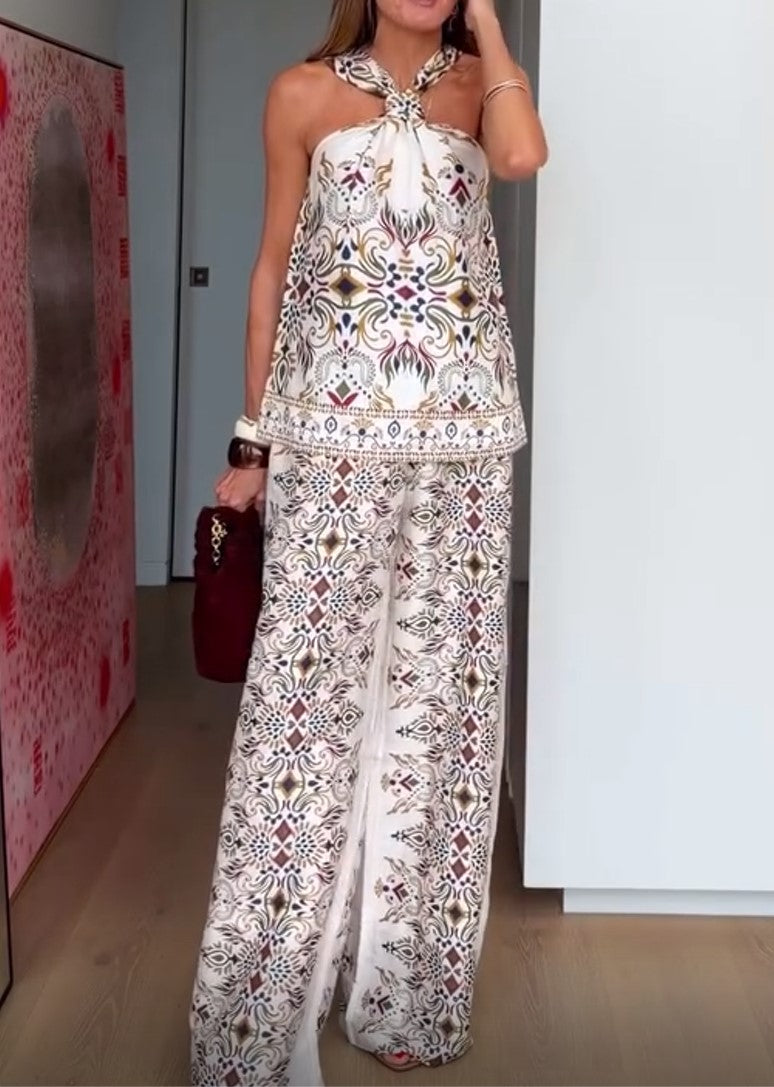 Conjunto de 2 peças com top étnico estampado boho de atar ao pescoço e calças de perna larga para mulher