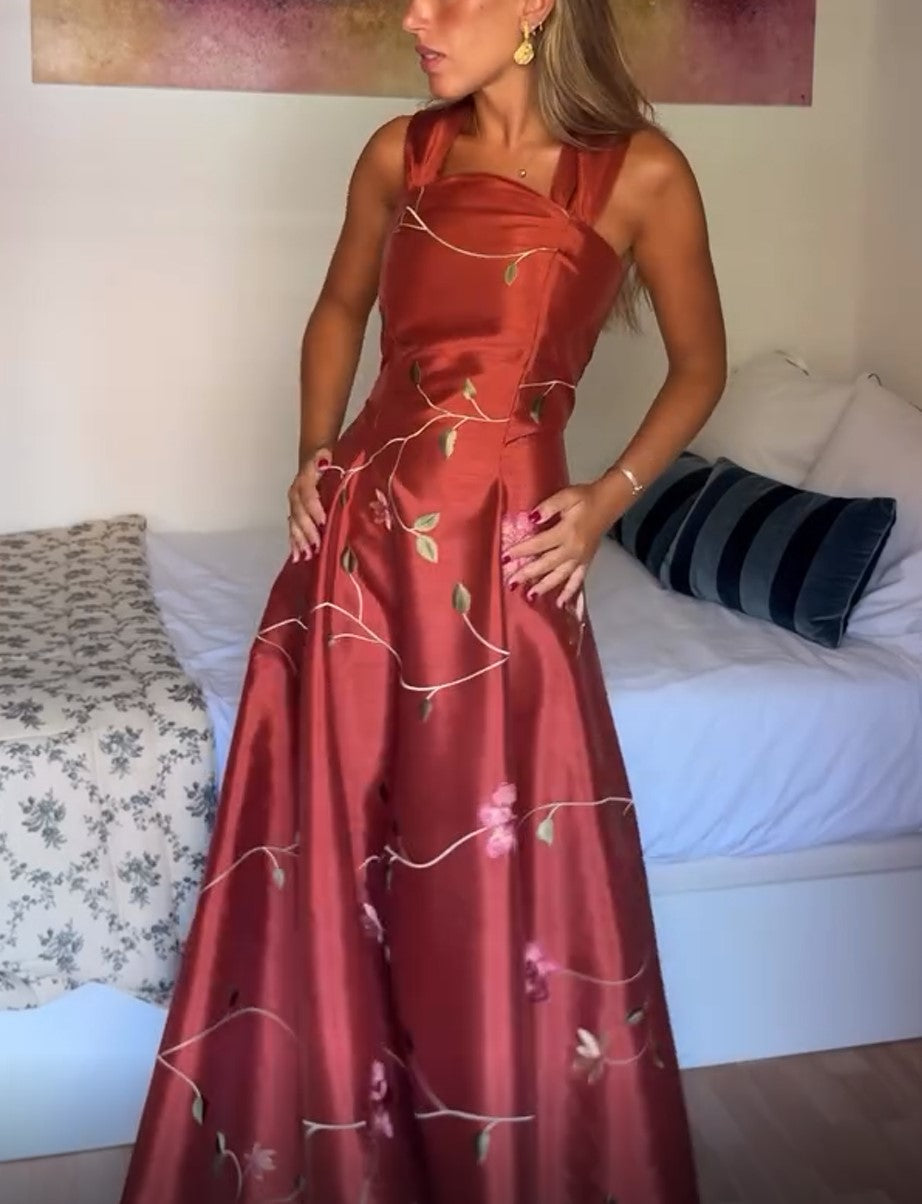 Rust Floral Embroidered Strapless Maxi Dress Satin Formal Party Gown