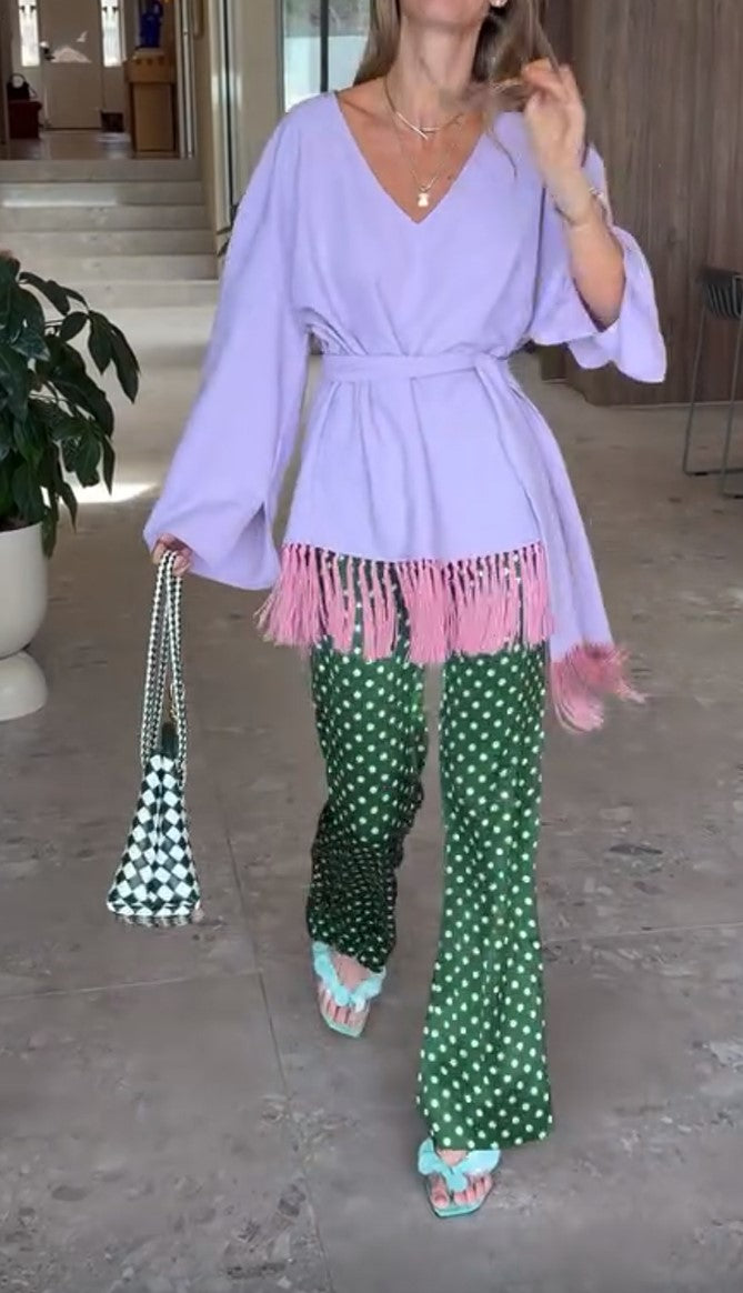Lilac V Neck Tassel Belted Tunic Top Green Polka Dot Wide Leg Pants 2 Piece Outfit