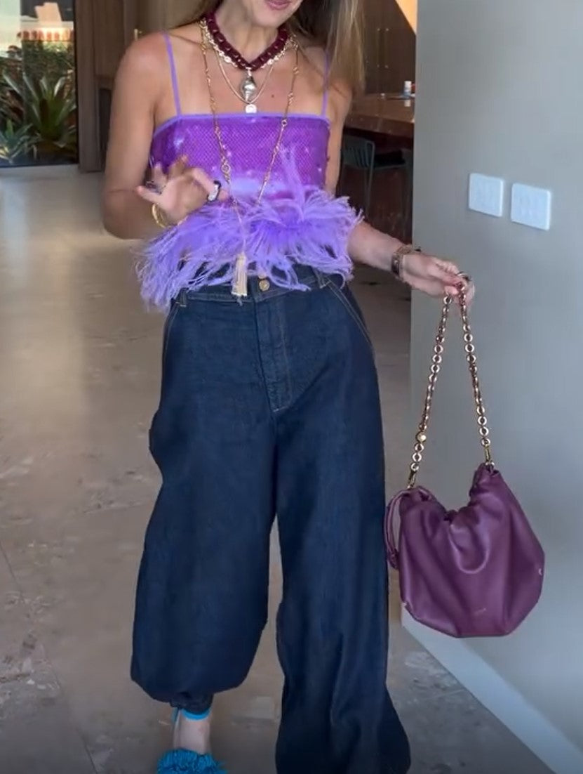 Purple Sequin Feather Cami Crop Top & Denim Jogger Pants 2 Piece Outfit